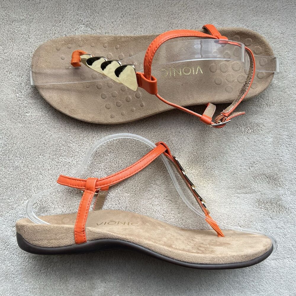 Vionic Rest Miami Orange Leather T-Strap Sandals Women 8 Gold Accents Strappy